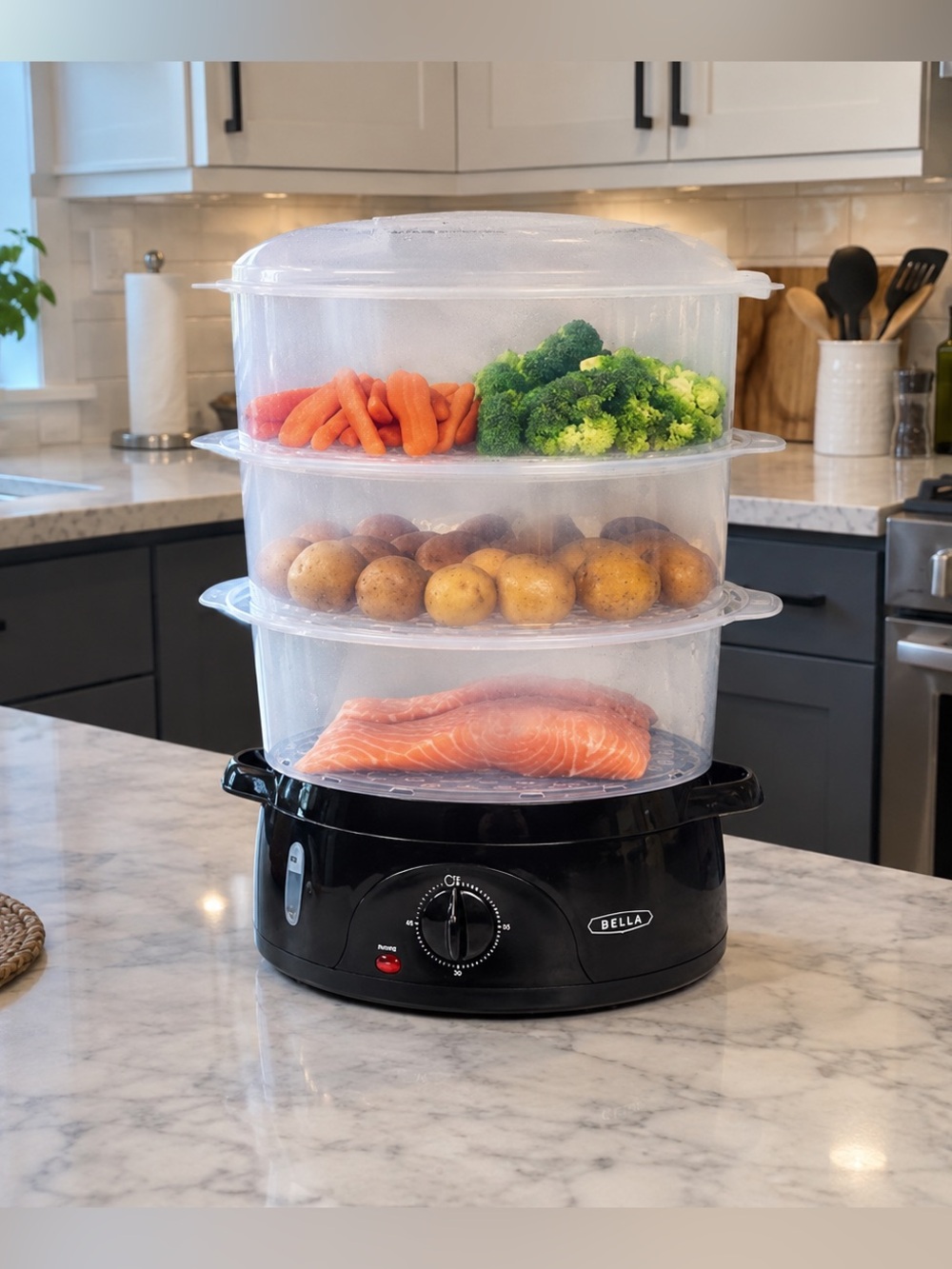 Bella Three-Tier Electric Food Steamer - Black and Clear